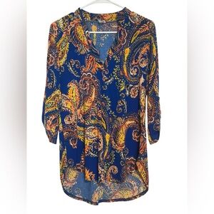 Women’s Paisley Print Tunic Top Small Blue Orange Boho Split V-Neck USA NWOT